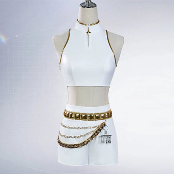 Popxstar KPop Rumi Mira Zoey White Singing Suit Women Halloween Carnival Party Role Playing Outfit Cosplay Costume Wig